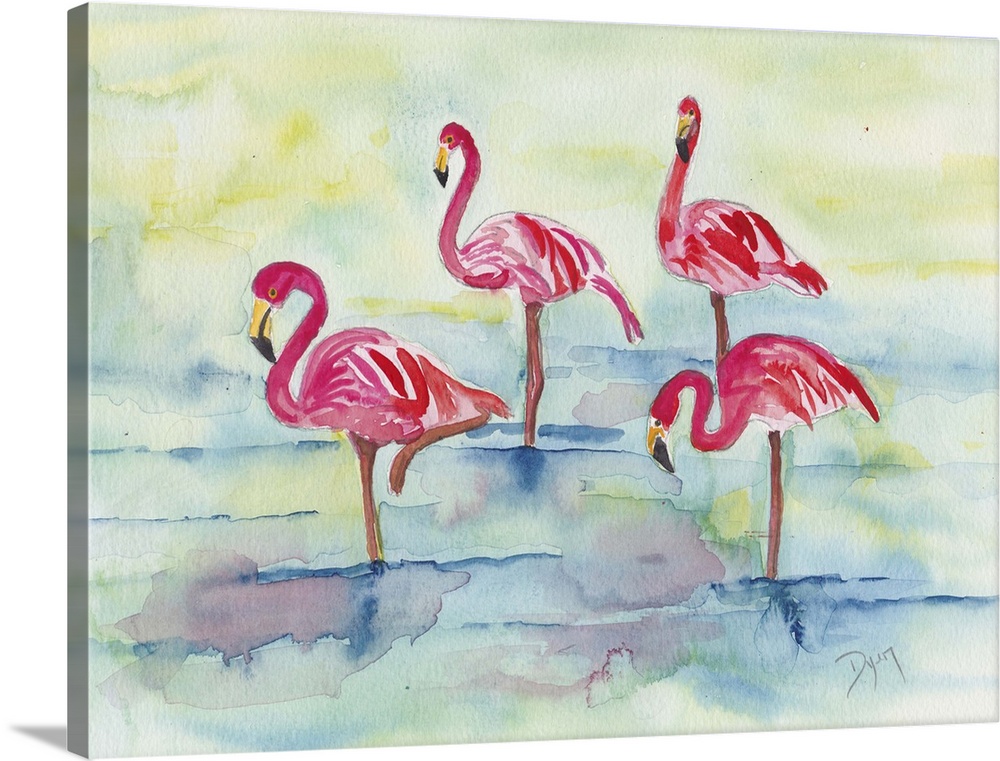 Watercolor artwork of flamingos wading in shallow water.