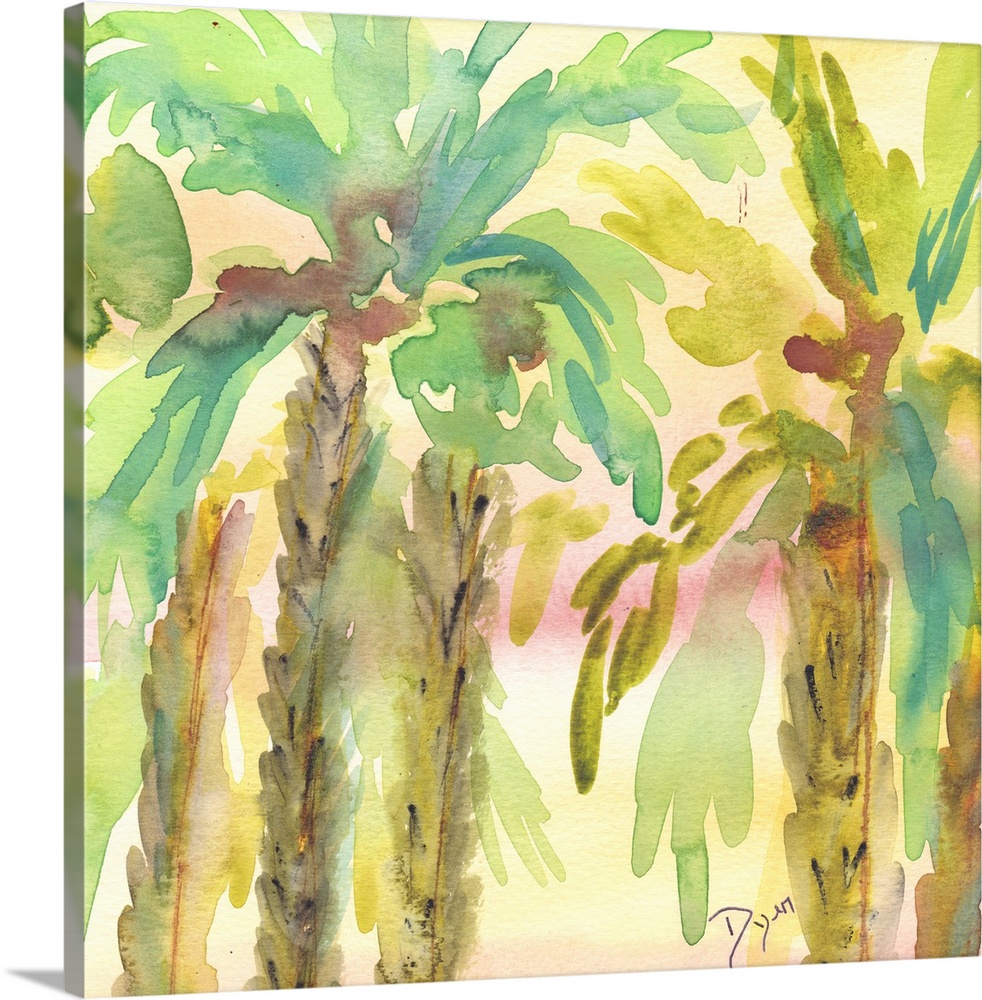 Watercolor artwork of a grove of palm trees in pastel tropical shades.