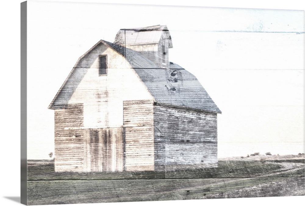 An image, in neutral tones, of a barn on top of wood planks.
