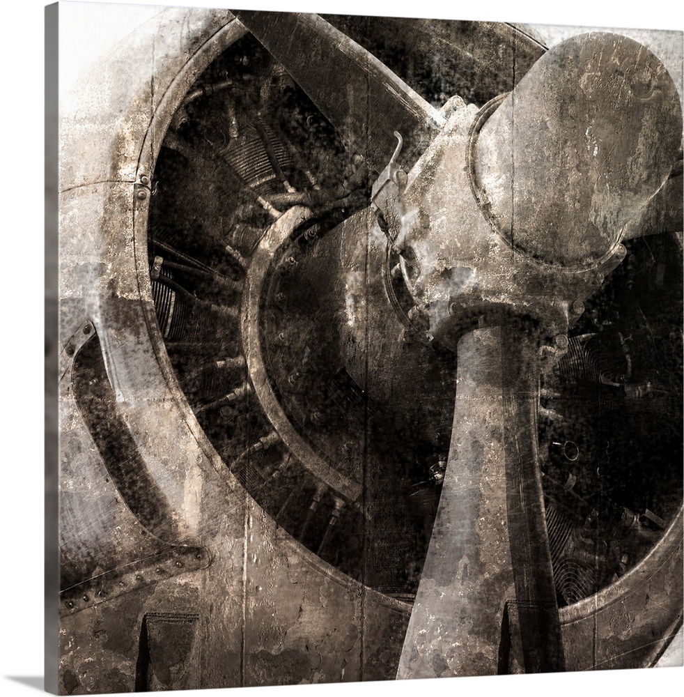 Close up of the propeller of an airplane with a grungy texture.