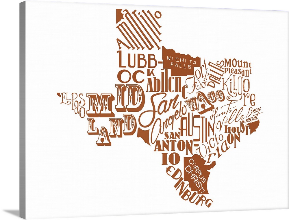 Contemporary painting using typography to make the shape of the state of Texas.