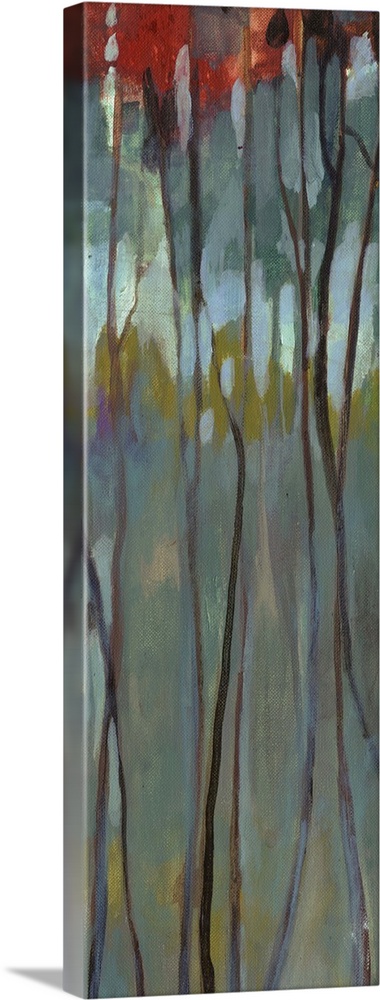 Contemporary painting of thin birch trees with bright leaves in a dark forest.