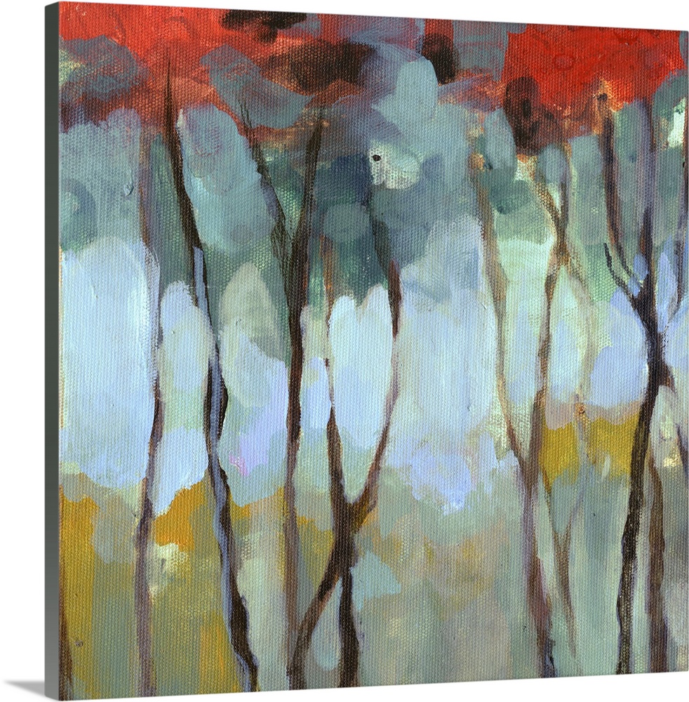 Contemporary artwork of thin birch trees in a dark forest with bright leaves.