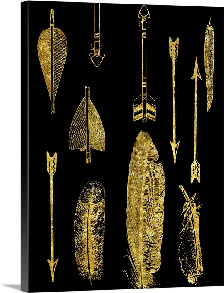 An assortment of feathers and arrows in gold on black.
