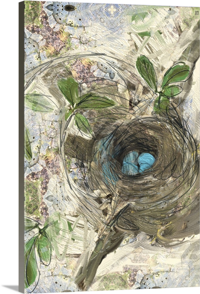 Contemporary painting of a bird's nest with blue eggs in a tree on a blue, purple, and green decorative background.
