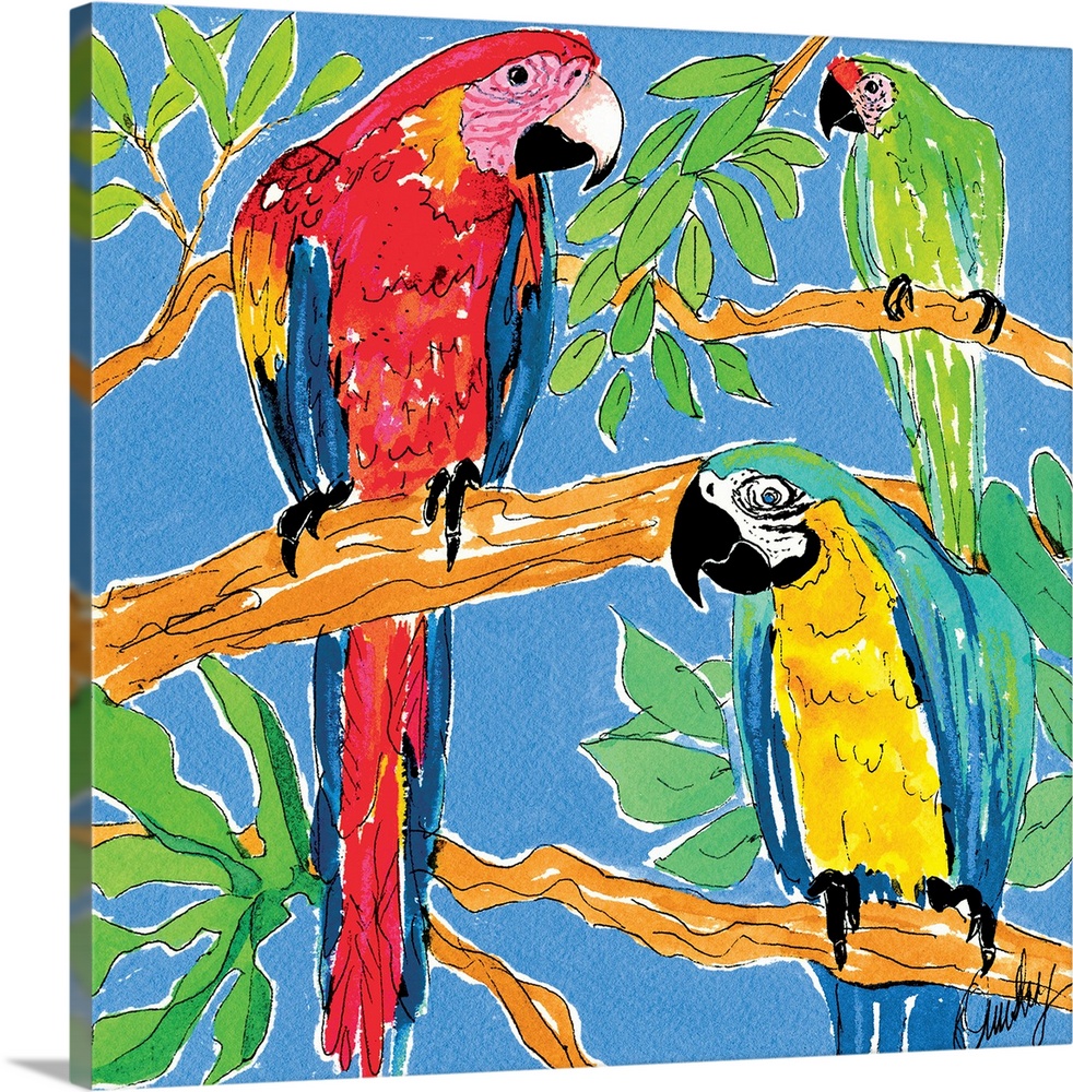 Contemporary artwork of three brightly colored macaw parrots, sitting on a branch together. Surrounded by lush tropical le...
