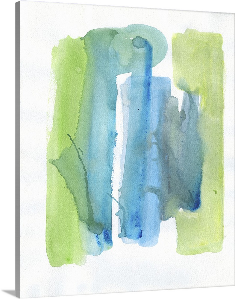 Watercolor abstract artwork in shades of vivid blue and lime green.