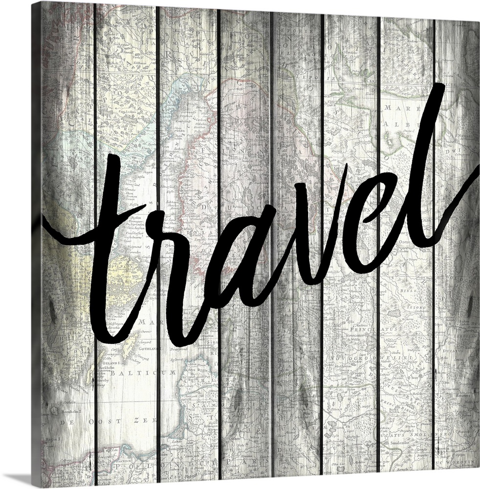 The word ?travel? painted on a wood panel background with an overlay of a map.�
