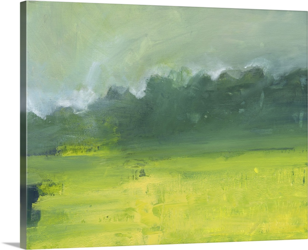 Contemporary landscape painting of a field with a row of trees in the distance.