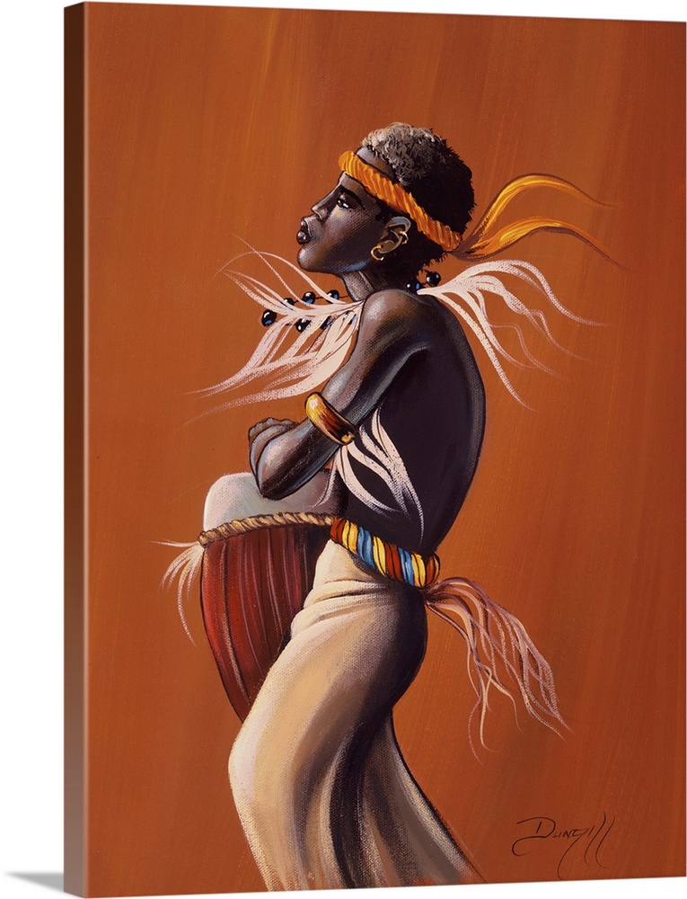 Contemporary African painting of a man in traditional dress playing a drum.