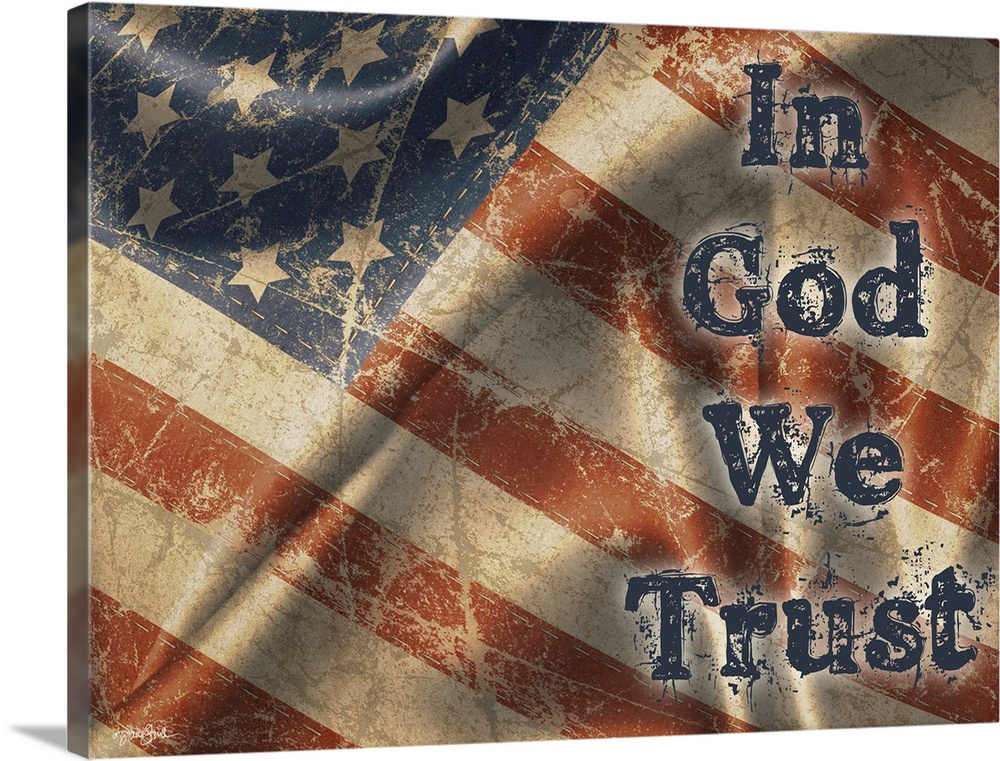 "In God We Trust" on a rustic waiving American flag.