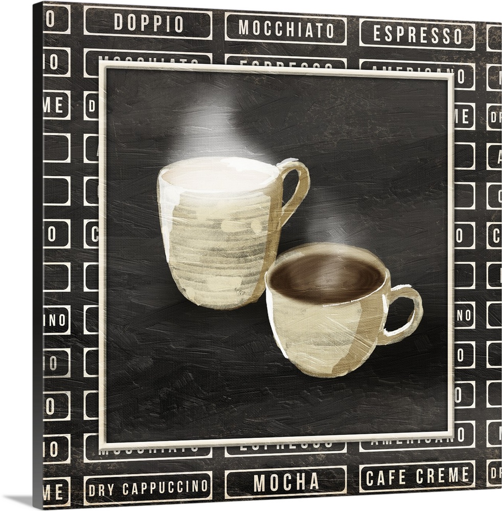 A painting of two cups of coffee with text of different styles of coffee painted on a chalkboard background.