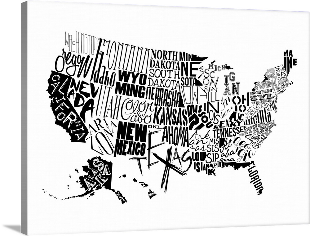 A contemporary typography map of the United States with all the state names in black and white.