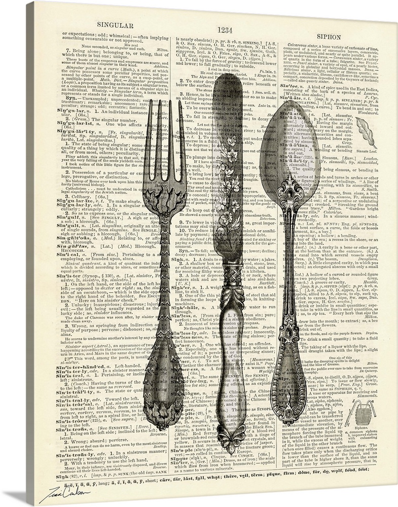 Contemporary artwork of a vintage dictionary page with kitchen utensils.