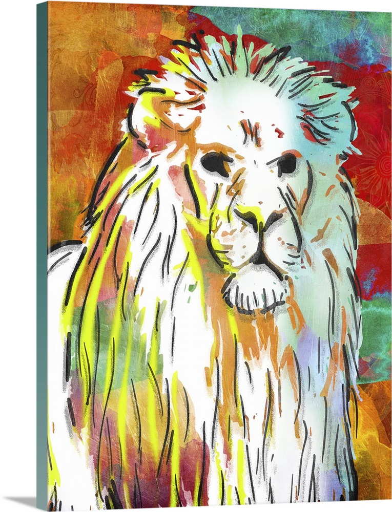A bright and colorful painting of a lion.