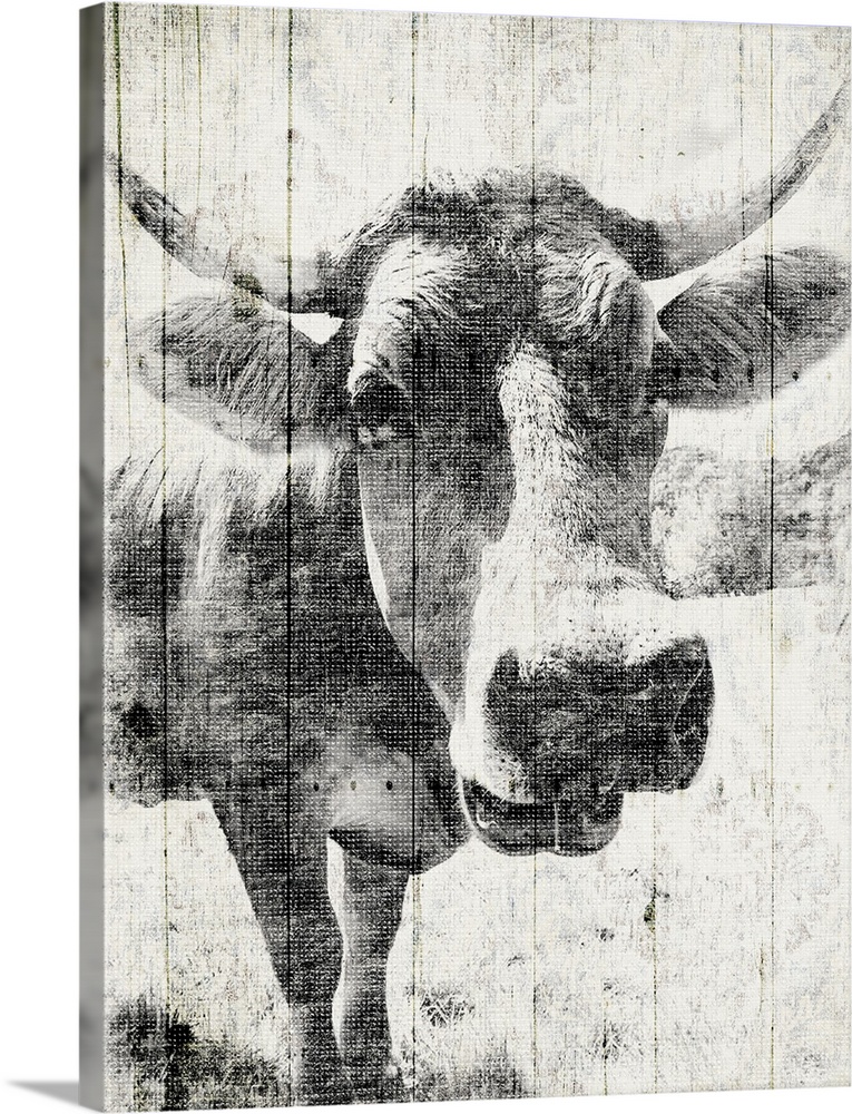 Contemporary artwork of a cow against a background of rustic wood planks.