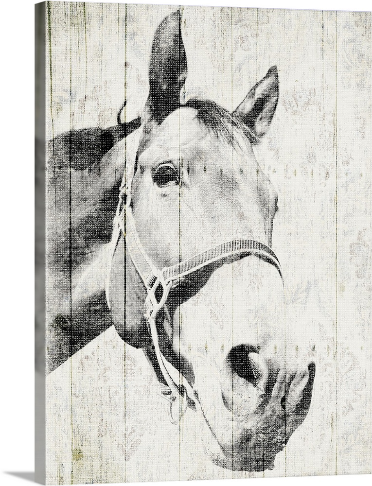 Contemporary artwork of a horse against a background of rustic wood planks.