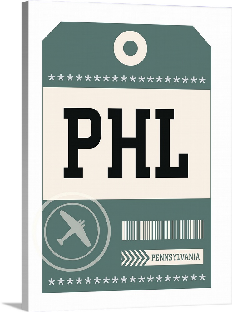 A retro style luggage tag for airline flights to PHL in Philadelphia.