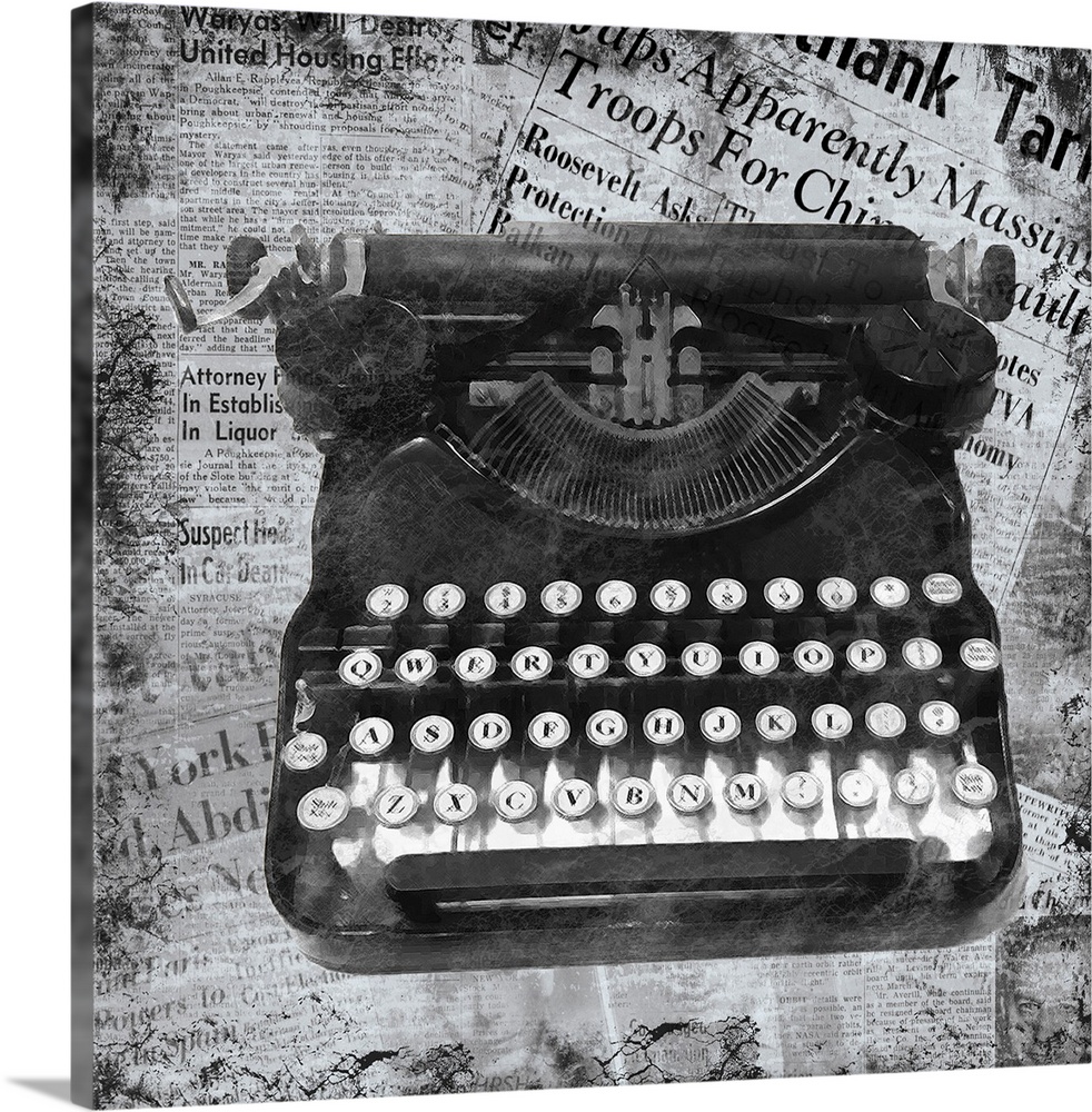 A black and white image of a vintage typewriter on a newspaper clipping background.