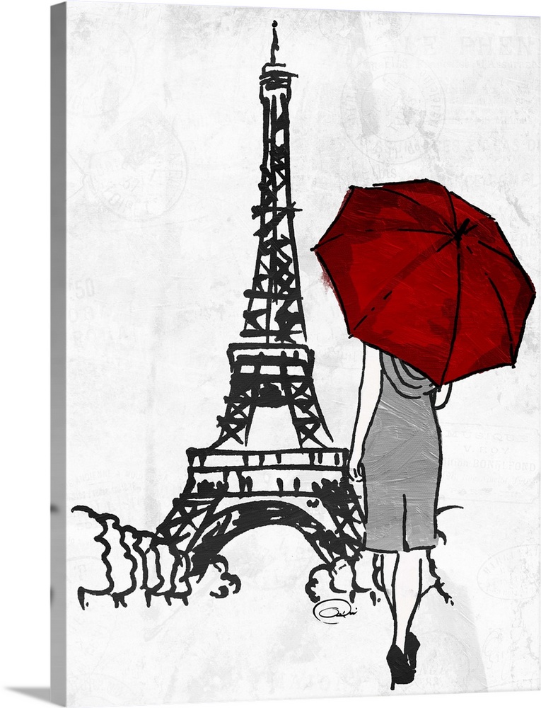 Ink drawing of a woman with a red umbrella walking towards the Eiffel Tower.