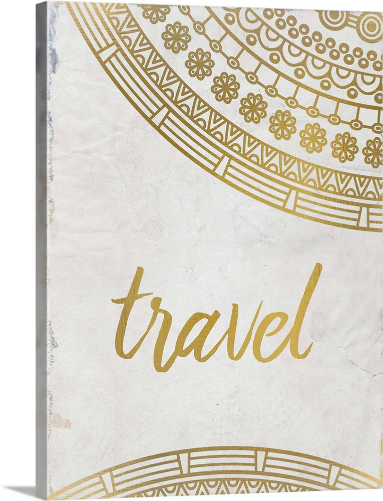 Intricate golden mandala patterns framing the word "Travel."