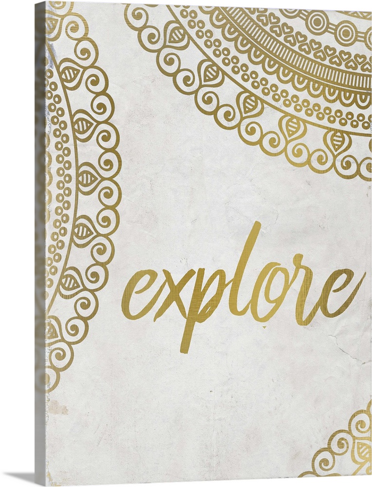 Intricate golden mandala patterns framing the word "Explore."