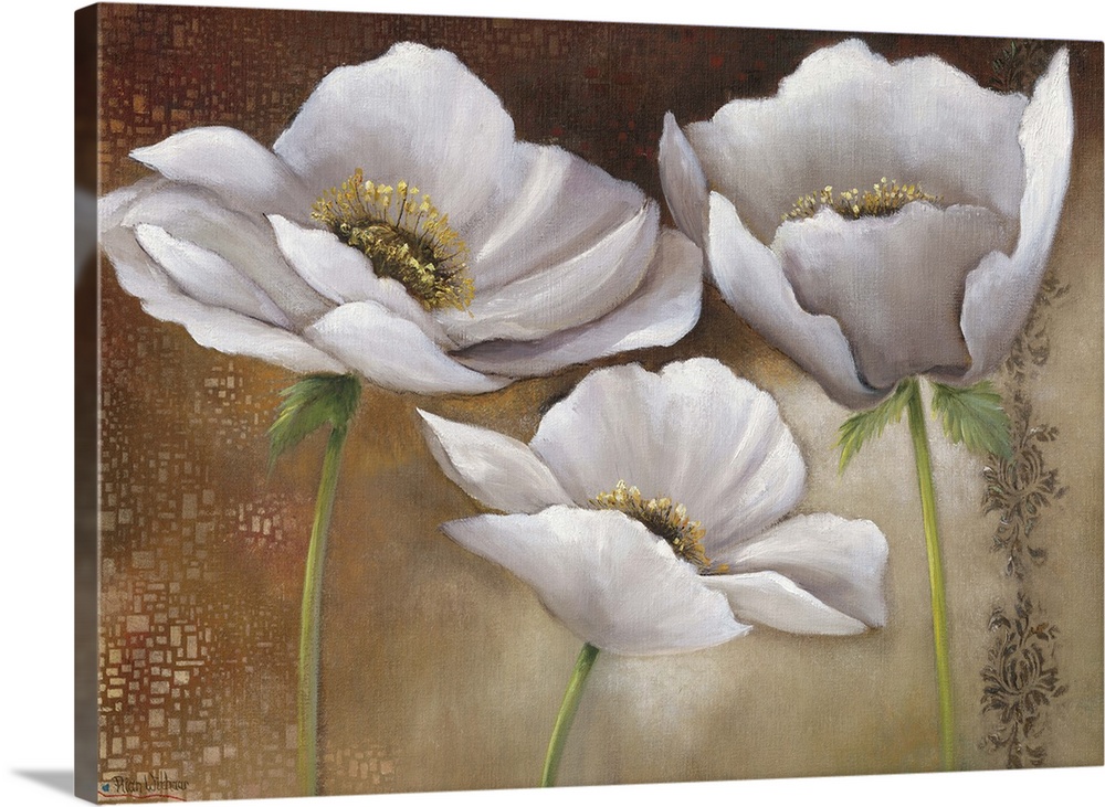 Contemporary painting of silky looking white flowers against an earth toned background.