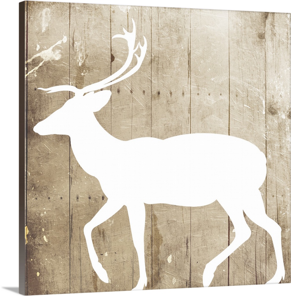 A white silhouette of a deer painted on a wood background.