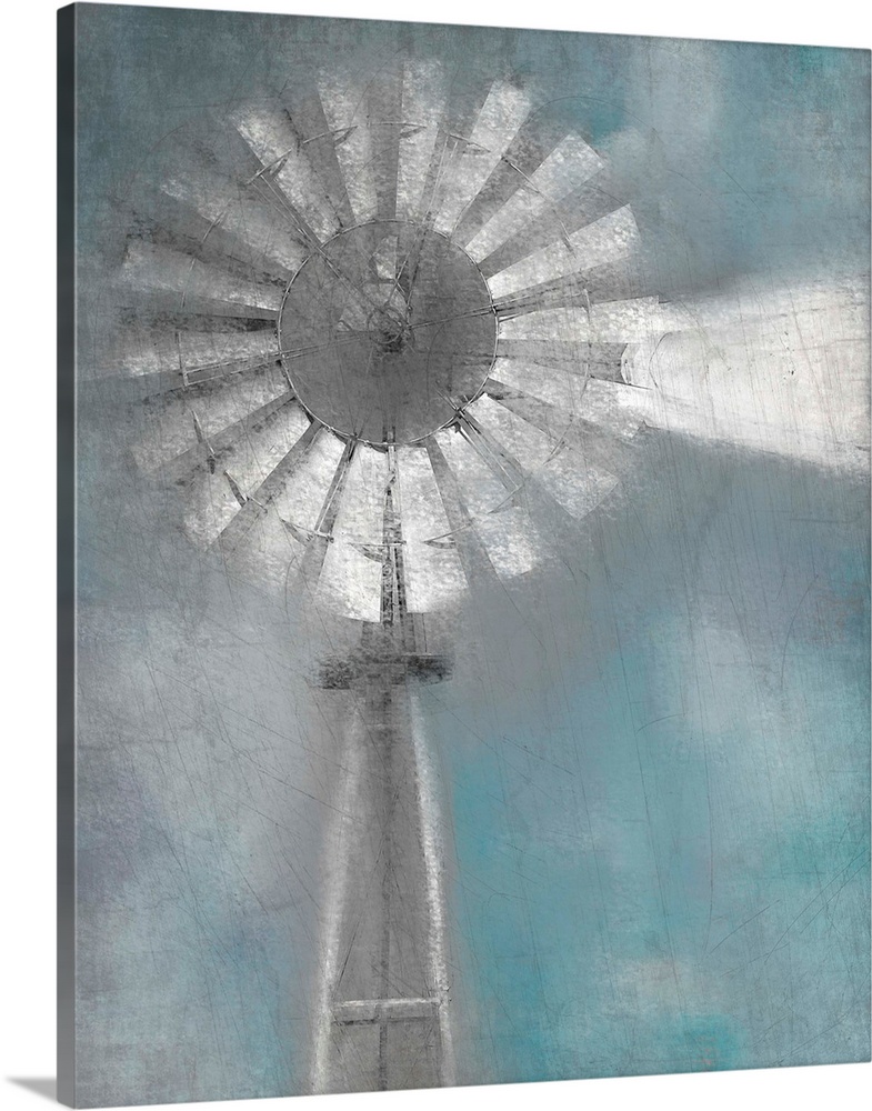 An image in shades of gray and blue of a windmill with a textured overlay.