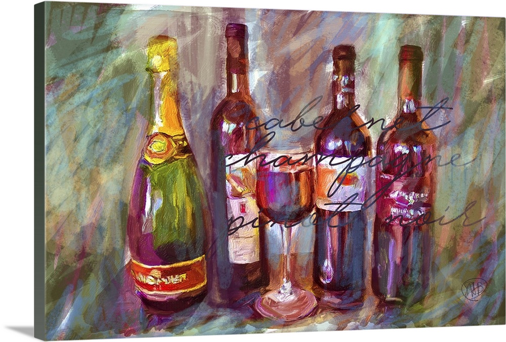 Contemporary painting of three bottles of red wine and a bottle of champagne with a glass of wine on a colorful background...