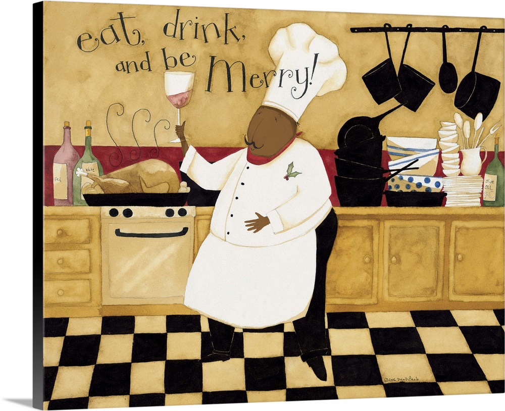 Happy chef tasting wine in a kitchen with the phrase "Eat, drink and be merry" at the top of the image.