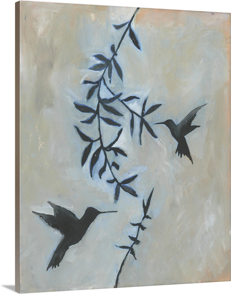 Contemporary artwork of two hummingbirds at a hanging vine.