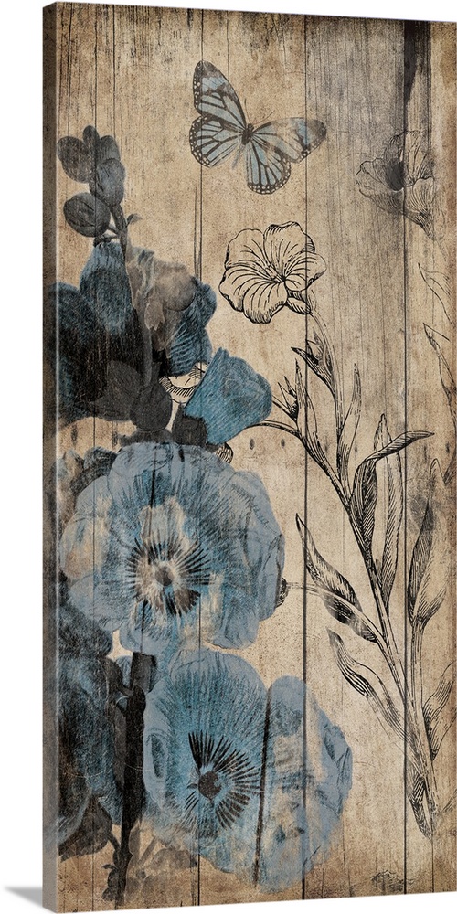 Vertical contemporary artwork of blue flowers appearing to be painted on a wood surface.