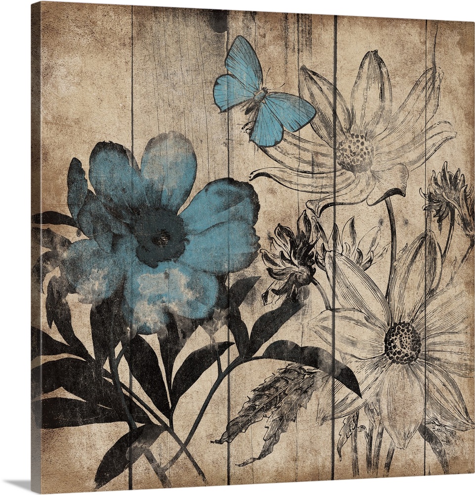 Contemporary illustrated and painted flowers and butterfly against a wood plank background.