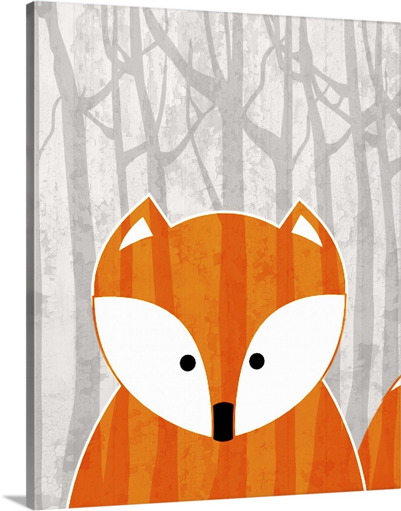 Nursery art of a cute fox in a forest.