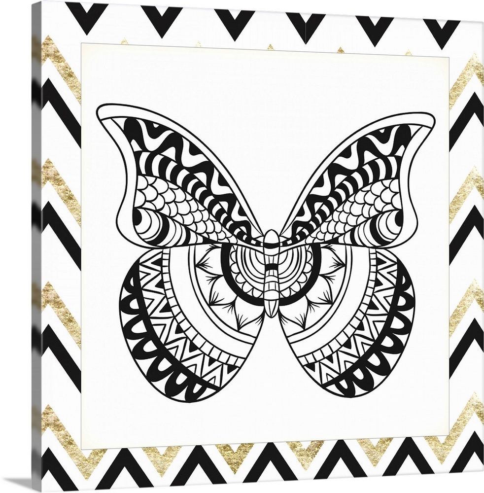 A symmetrical black and gold designed butterfly.