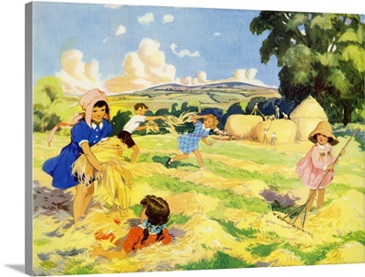 Children Racking And Playing In The Hay