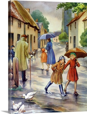 Children Walking In The Rain