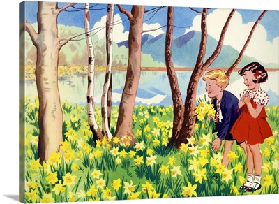 Two children Picking Flowers In The Forest