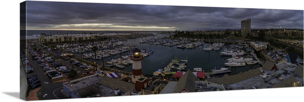 This is an aerial panoramic of the Oceanside Harbor at sunset. Oceanside is 35 miles North of San Diego, California, USA