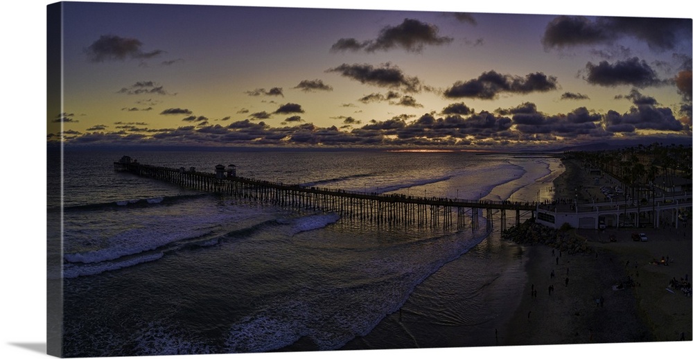 Aerial Sunset Panoramic at the Oceanside Pier. Oceanside is 35 miles North of San Diego, California, USA.
