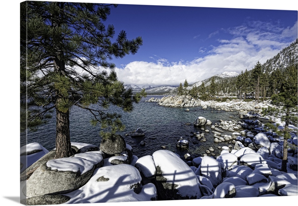 Lake Tahoe's Sand Harbor in winter. Lake Tahoe is a very large lake that's in both California and Nevada.