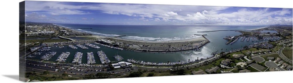 This is a 10 image aerial panoramic of Oceanside Harbor, Oceanside, California, USA.