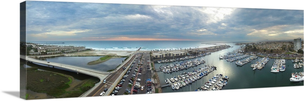 Oceanside Harbor aerial panoramic. Oceanside is 40 miles North of San Diego, California, USA.