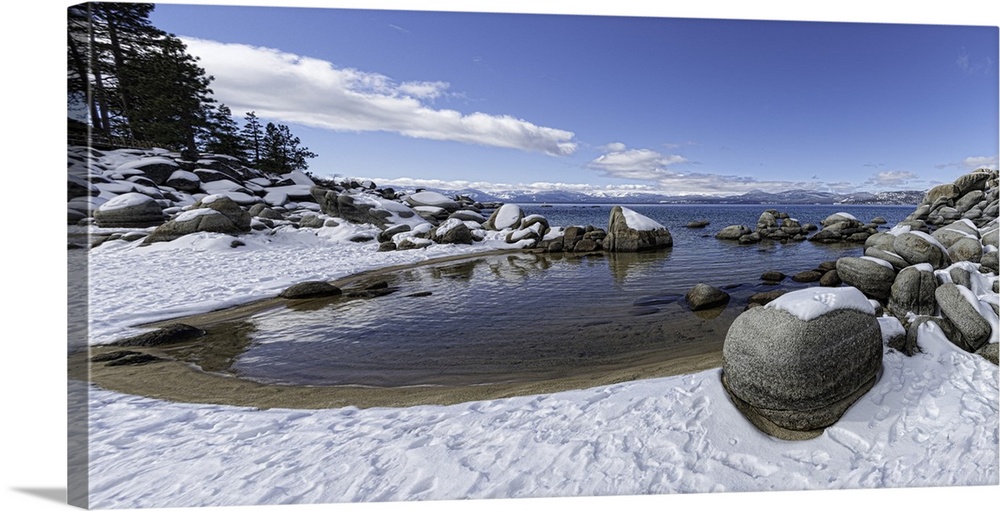This is a huge panoramic of Lake Tahoe's Sand Harbor in winter. Lake Tahoe is a very large lake that's in both California ...