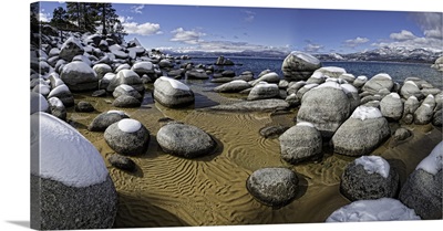 Snow-covered boulders in Sand Harbor