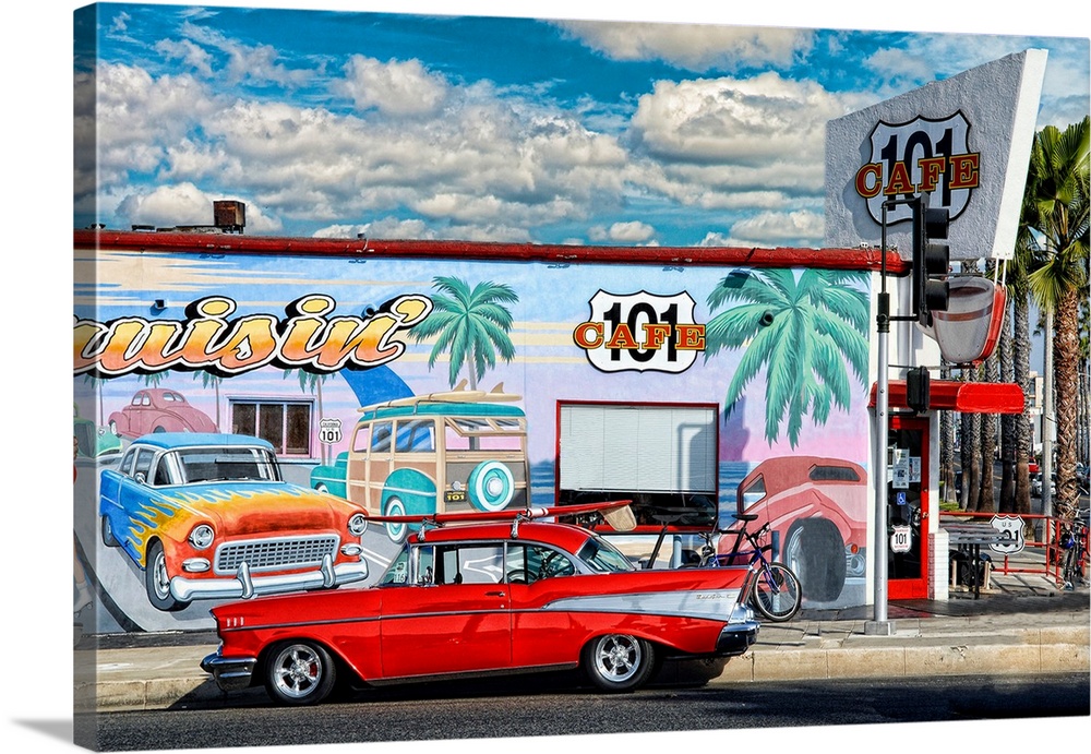 The 101 Cafe with an old Chevy out front. The 101 Cafe is in Oceanside, California.