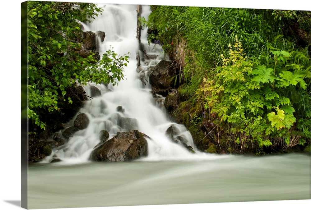 A cascading waterfall flows into Granite Creek in summer in Turnagain Pass, Chugach National Forest.