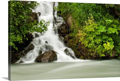 A cascading waterfall flows into Granite Creek, Turnagain Pass, Chugach National Forest