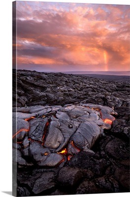 A Cooling Lava Flow On Kilauea, And Distant Rainbow Over The Water